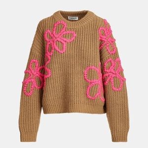 Essentiel Antwerp Camel knit sweater with floral embroideries